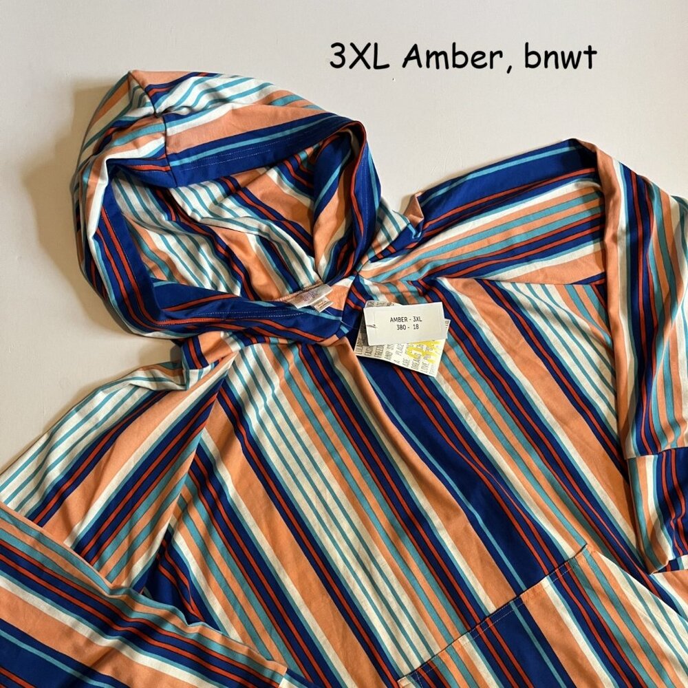 3XL Lularoe Amber hooded top, stripes in blue, red, orange, aqua, white